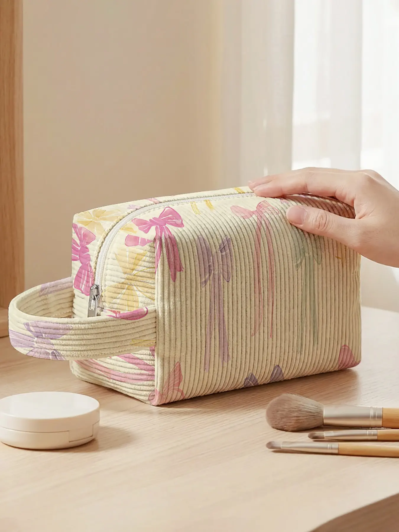 1pc, makeup bag Colorful bow 2D printed pattern Linen fabric handbag for makeup, reinforced handle + smooth zipper | Stores makeup / toiletries | Versatile for daily outings