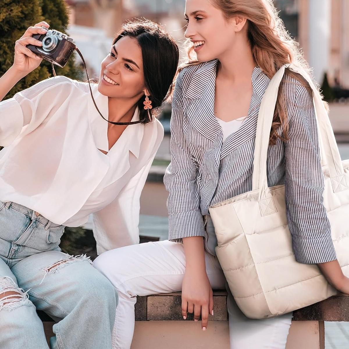 Quilted Puffy Bubble Tote Bag, Lightweight Laptop Shoulder Handbag, Multiple Compartments, Organizer Design, Durable Zippers, Puffer Laptop Tote