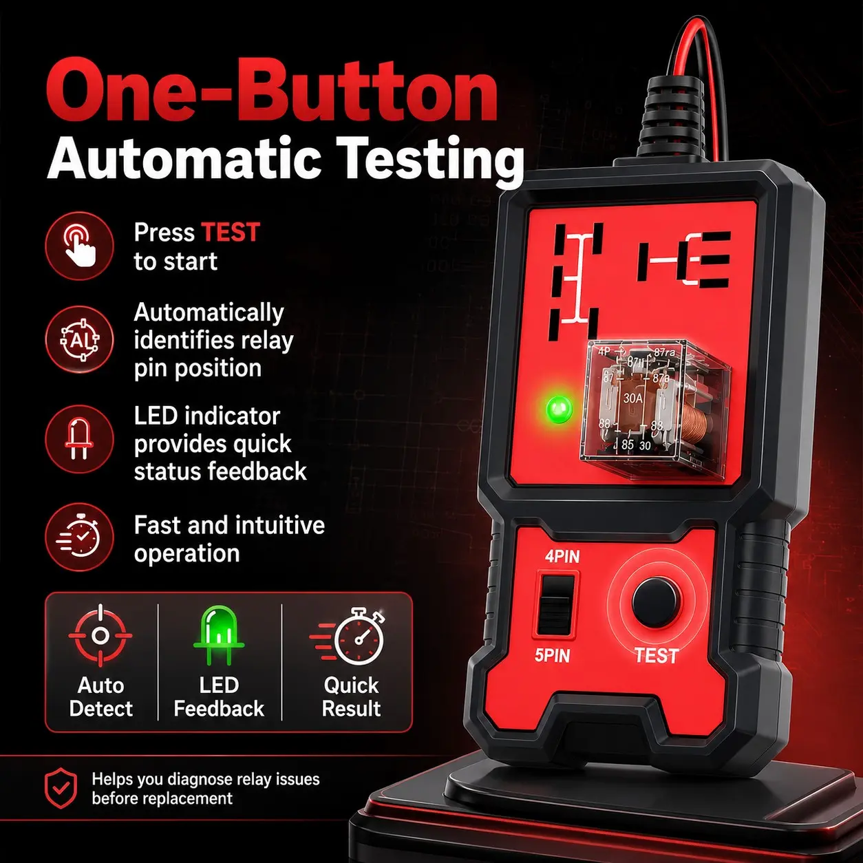 12V Automotive Car Relay Tester and Diagnostic Repair Tool, Durable Abs Case, Fits 4 and 5 Pin Relays, Quick Fault Detection, and Design