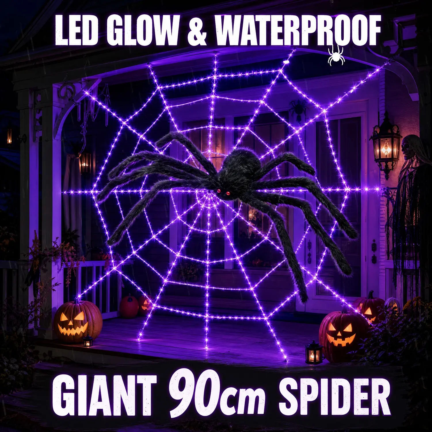 Lighted Halloween Spider Web Decorations - 11.8FT Waterproof Giant Round Cobweb with Purple LED Lights, 90cm Fake Hairy Spider Prop for Outdoor Lawn, Porch, Haunted House Creepy Decor