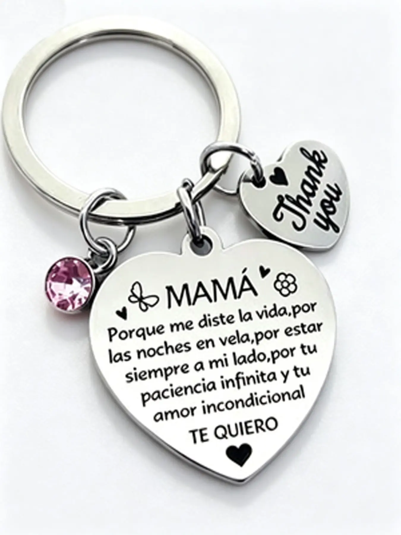 1pc Spanish Heart MAMA Pink Rhinestone Stainless Steel Sparkling Keychain, Grateful Mother’s Day Gift For Mom