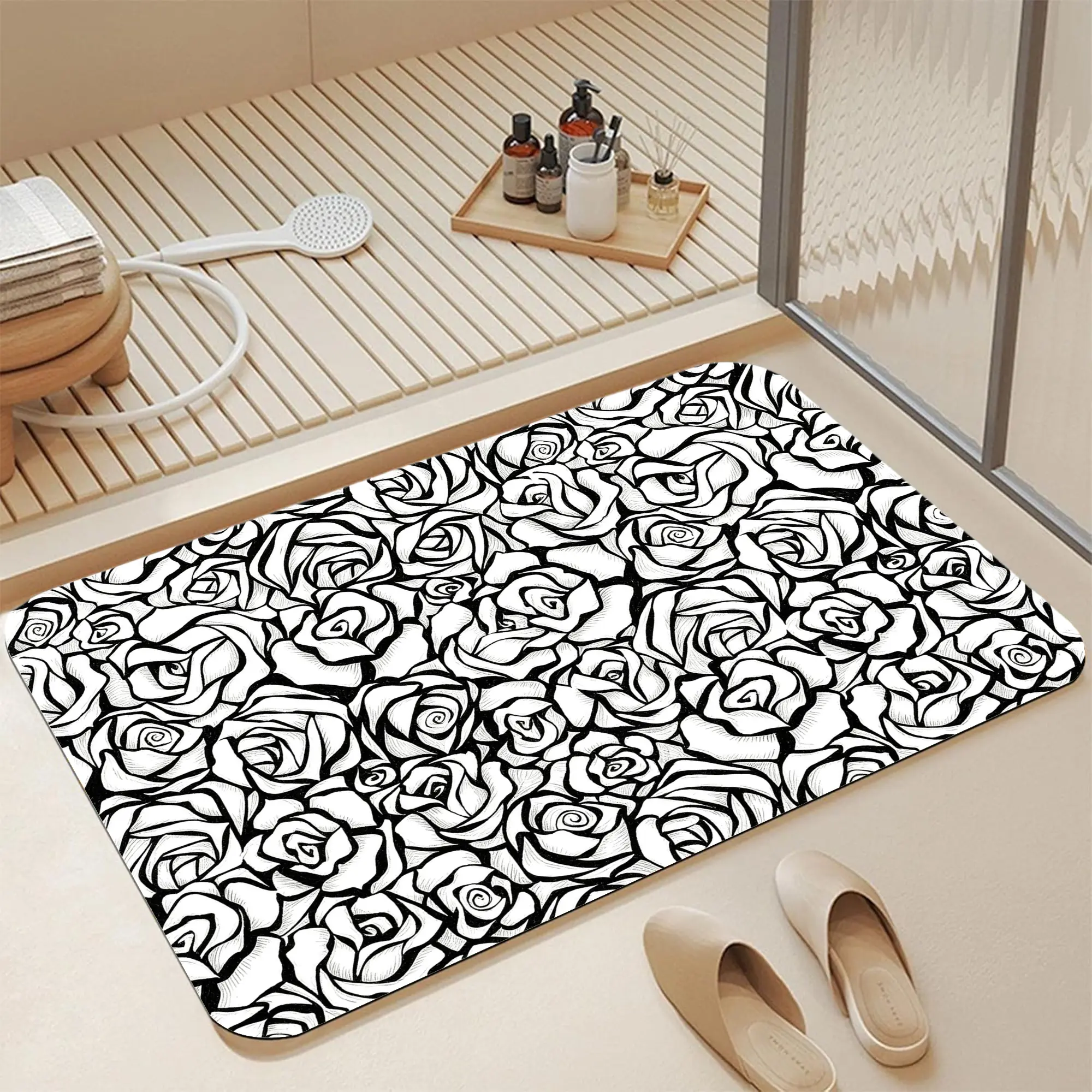 16*24 Inch Dense Hand-Lined Monochrome Rose Diatomite Bath Mat, Fast Water Absorbent Non-Slip Quick Dry Bathroom Rug, Intricate Pen Sketch Overlapping Full-Bloom Floral Layout, Stain Resistant Washable Dark Academia Victorian Coquette Maximalist Shower