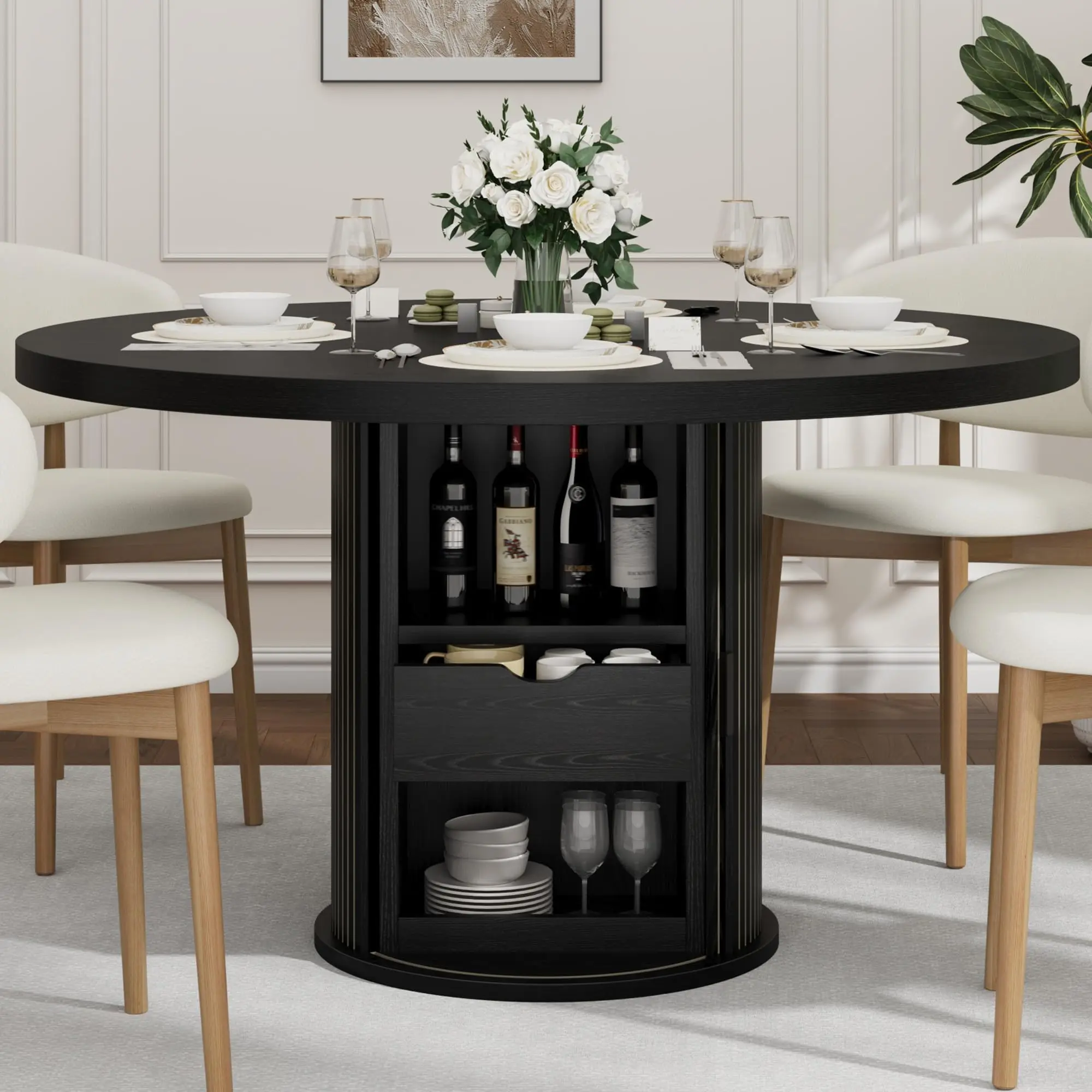 47" Round Dining Table for 4-6, Modern Farmhouse Kitchen Table,Wooden Accent Furniture with 2-Layer Storage Shelf & Drawer, Circle Dining Tables with Fluted Pedestal Base