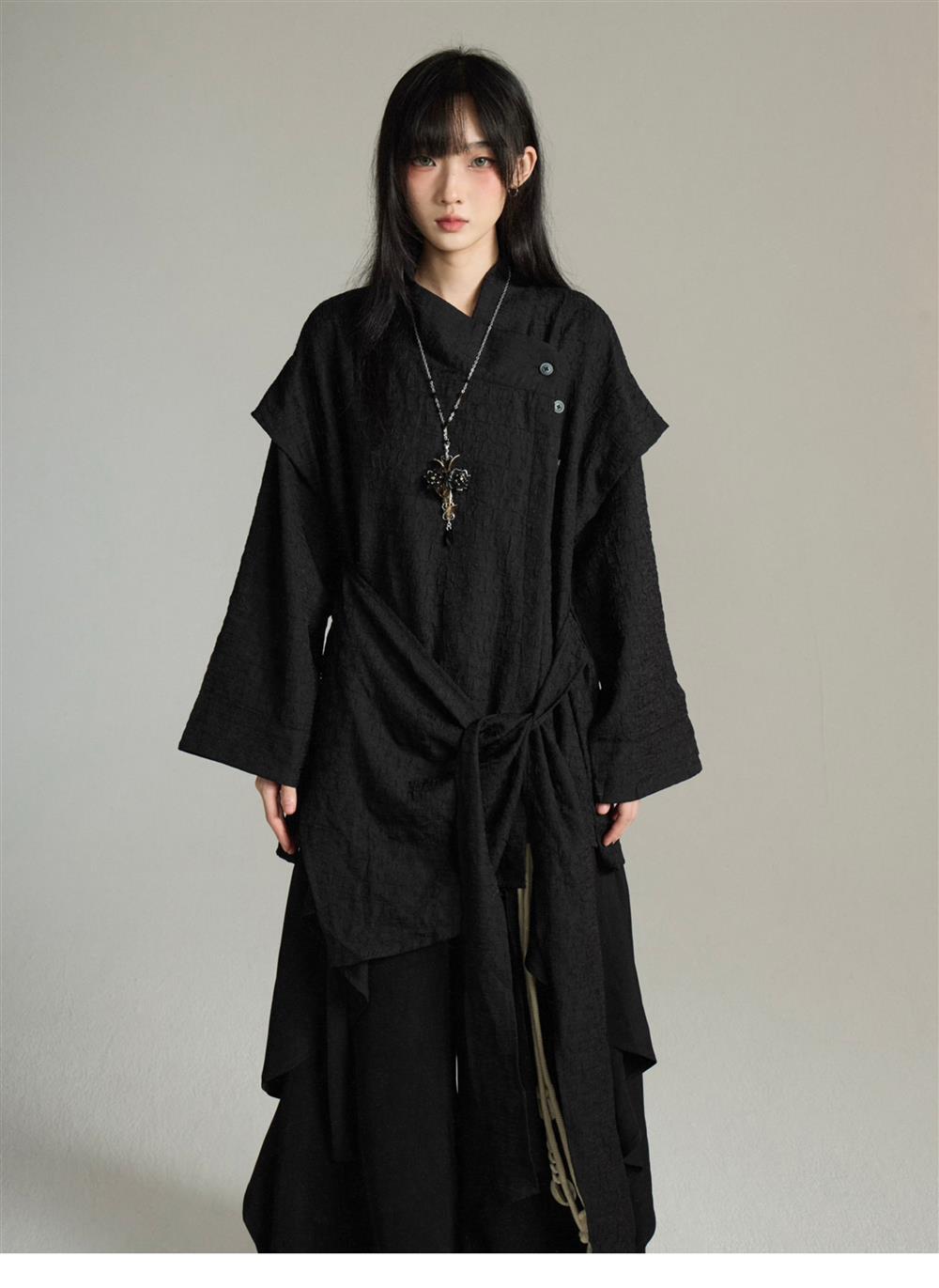 UMI MAO Irregular Lace Up Design Chinese Style Stand Up Collar Shirt Men Women Long Sleeved Shirt Fake Two-piece Top Y2K