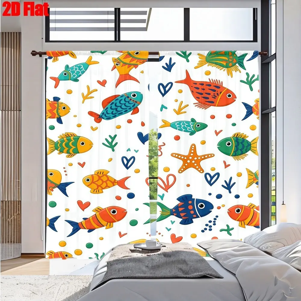 2D Flat 2Pcs Cute Fish Pattern Curtain for Bedroom Living Room with Heart and Seaweed Print,  Vibrant Illustration, Playful Style, Window Treatments Home