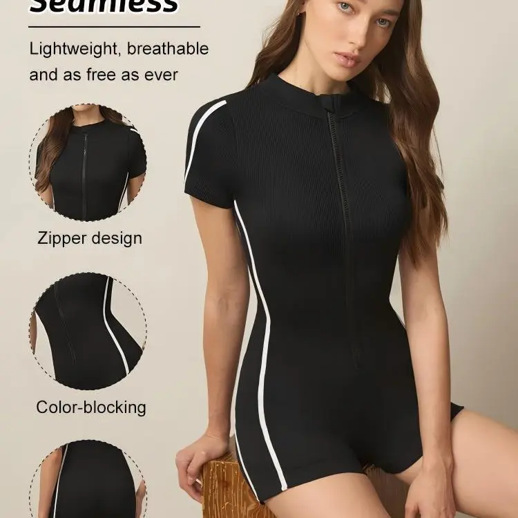 Women's Spring Summer Colorblock Short Zipper Jumpsuit, Sporty Jumpsuit, Moisture-Wicking Quick-Dry Yoga Fitness Cycling, Comfortable Fashion Workout Jumpsuit