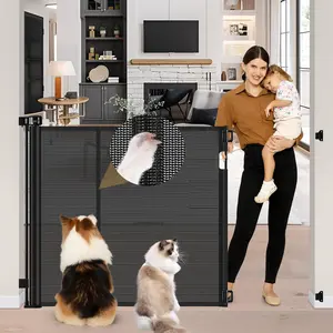 42" Extra Tall 55" Wide Retractable Pet Baby Gate with Support Rods, Bottom Anti-Escape Dog Gate for Doorways Indoor Outdoor, Black