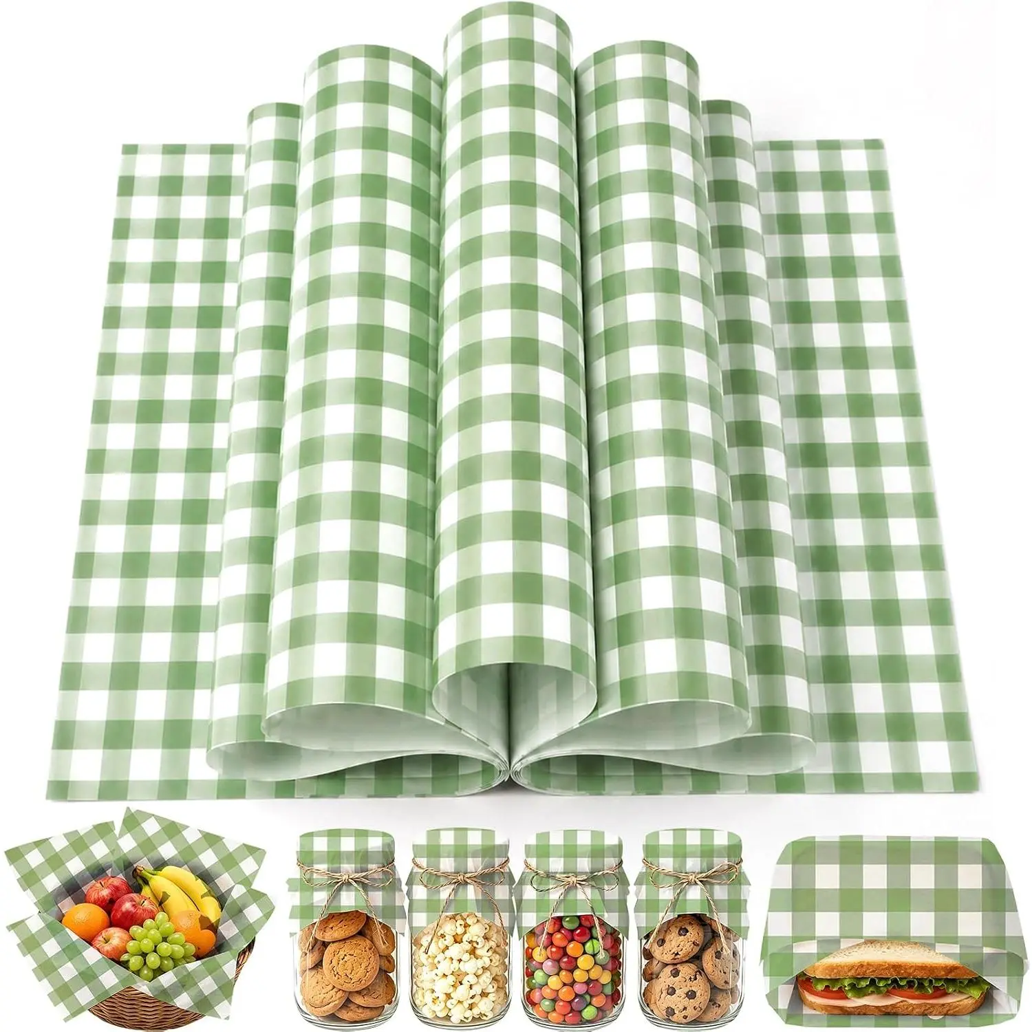 150 Sheets Sage Green  Wax Paper for  Deli, 9.8 x 8.3'' Gingham Plaids Greaseproof Wrapping Paper for Birthday Sandwich Picnic Basket Liner Wedding Party Supplies (Sage Green)