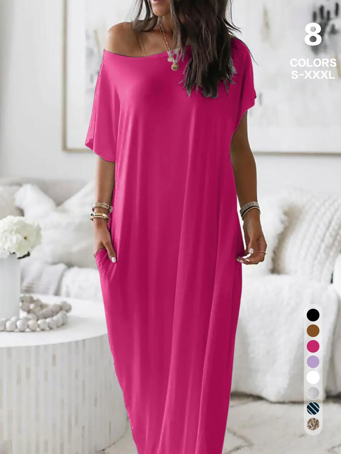 Women off Shoulder Loose Maxi Dress, Short Sleeve Pocket Nightgown, Soft Summer Breathable Loungewear, Casual Streetwear for Ladies