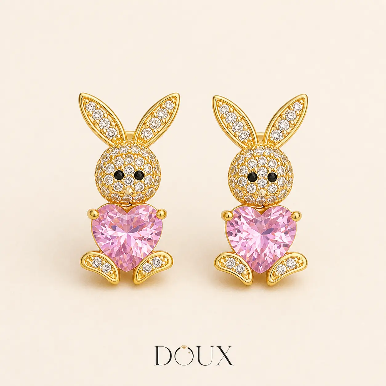 DOUX Pink Heart Crystal Bunny Stud Earrings for Women – Gold-Tone Rabbit Jewelry