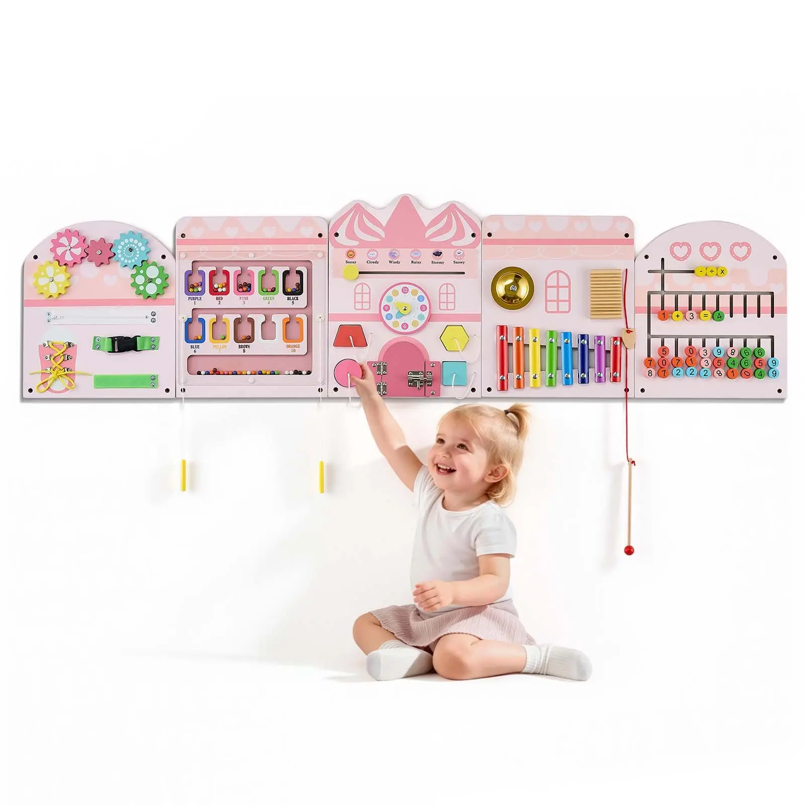 【toolupgrade】VEVOR Prop 65 Safe Castle Theme Wall Board, 14-in-1 Montessori Sensory Activity Panels, Sturdy Wooden Educational Learning Center with Mounting Hardware for Home, Daycare