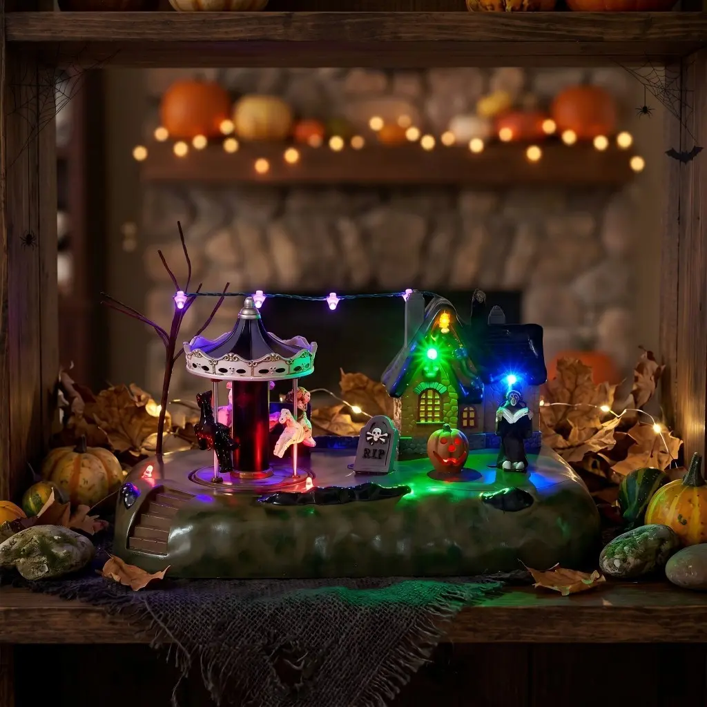 1pc Halloween Spooky Town Animated Carousel Village, Gothic Horror Style, with Skeleton Horses Multicolor LED Lights & Music, Perfect for Indoor Mantel Shelf Display, Party Decoration Supplies