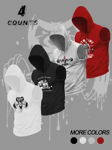 Men's Dumbbell Weightlifting Graphic Print Round Neck Sleeveless T-Shirt, Casual Comfortable Hooded Vest, Summer Fitness Outdoor Wear