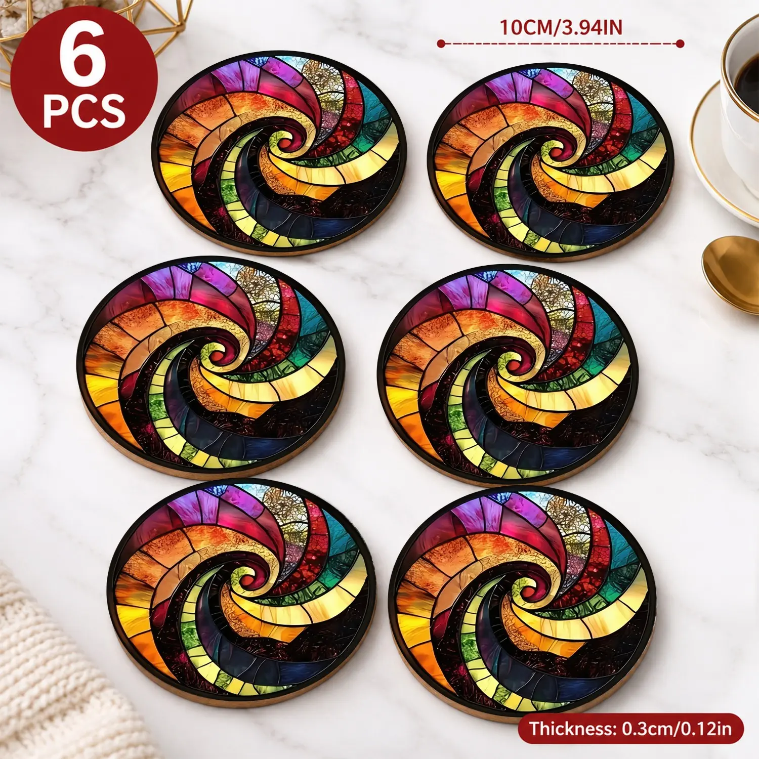 6PCS Rainbow Spiral Wood Coasters | Stained Glass Coffee Bar Decor | Artistic Mosaic Design | Protect Your Table | Stylish & Functional | Eco-Friendly Home Accessory ☕