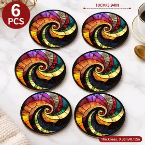 6PCS Rainbow Spiral Wood Coasters | Stained Glass Coffee Bar Decor | Artistic Mosaic Design | Protect Your Table | Stylish & Functional | Eco-Friendly Home Accessory ☕