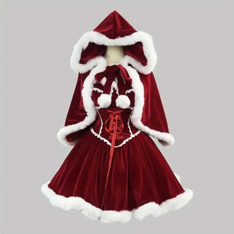 2025 New-Style Medieval Anime Warrior Princess Cosplay Costume Burgundy White Trim Dress with Cape Lace Collar Red Ribbon Belt for Christmas Performances Themed Parties Renaissance Fairs Adult Role Play Outfit UJ6850101 Assorted Color Clothes Matchin