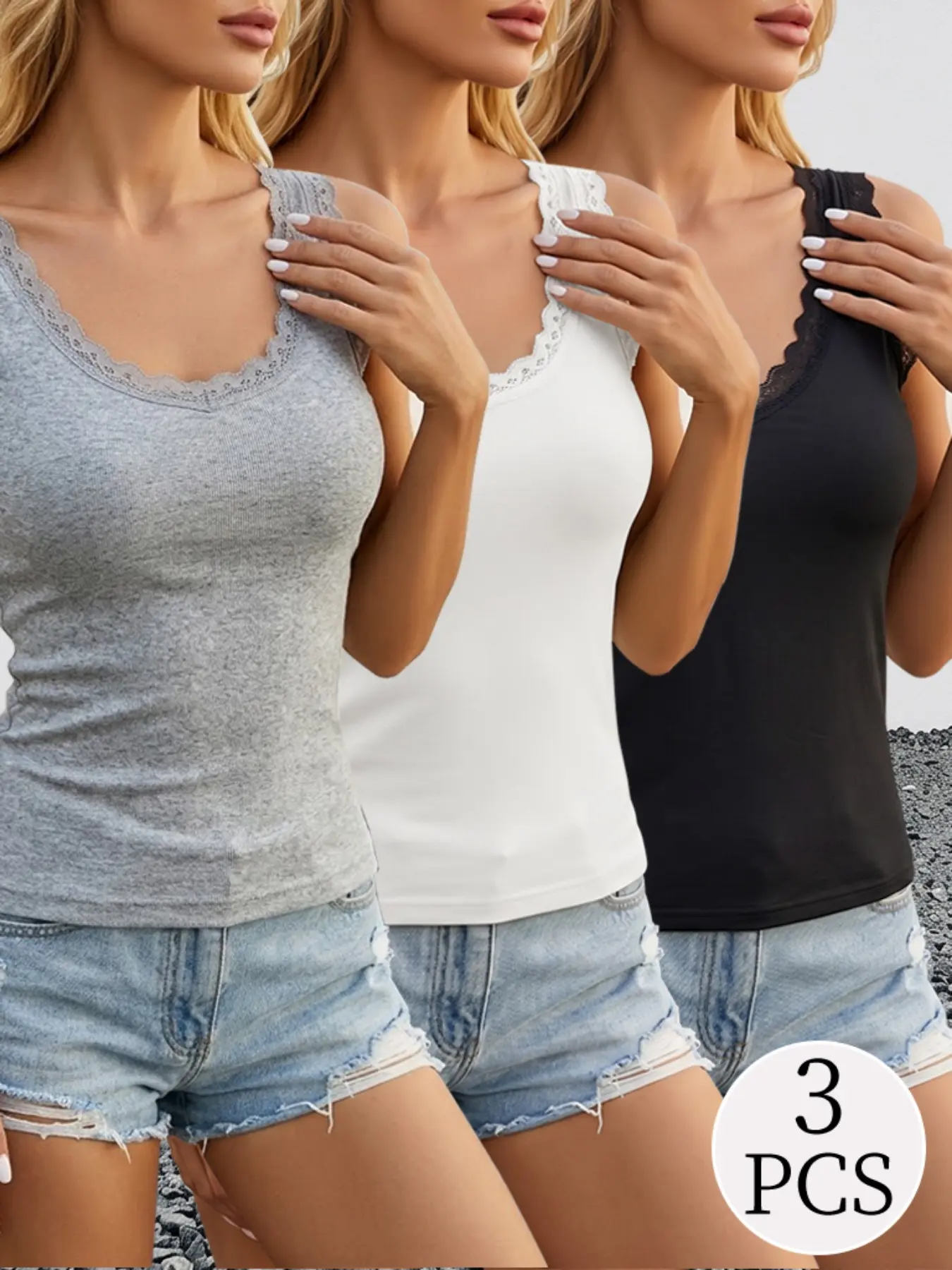 3 Pack Ribbed Tank Tops Fit Casual Basic Lace Trim Scoop Neck for Women Summer Daily Wear