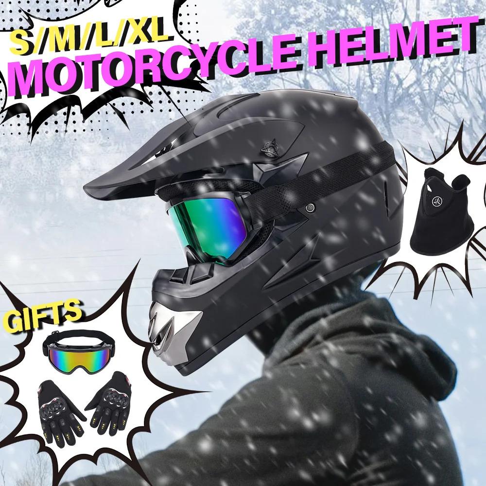 Black Off-Road Motorcycle Helmet ATV Dirt Bike UTV Helmet with Goggles Gloves and Mask DOT Certified Matte Black Trendy Look Complete Set