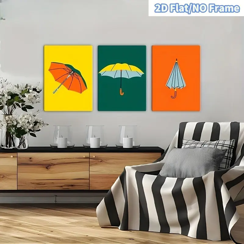 2D Flat 3PCS Colorful Umbrella Canvas Art Print, Modern Cartoon Umbrella Wall Decoration, Suitable for Indoor Homes, Offices or Living Rooms, Umbrella Decoration, Indoor Wall Art, Interesting Design