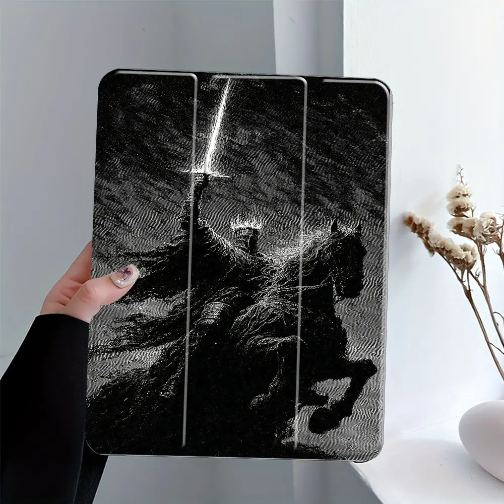 Dark Medieval Ghost Knight Print Tri-Fold Stand iPad Case, Ghost Knight Design Transparent Acrylic Stand Cover, Pencil Holder & Charger Slot, Fits iPad 7.9/8.3/10.2/10.5/10.9/11/12.9, Mini Pro Air, Durable Protective Case, Suitable for Work & Gaming