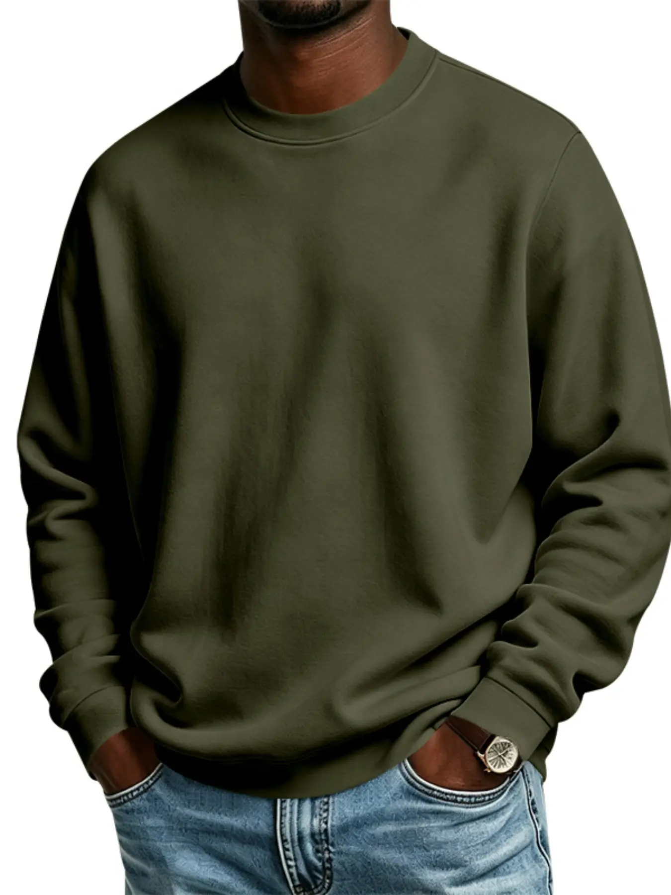 Men's Fleece Lined Crew Neck Sweatshirt, Solid Color Plain Long Sleeve Pullover Tops, Warm Loose Fit Casual Basic Sweat Shirts for Winter Daily Sports Outdoor Wear Available in 8 Colors