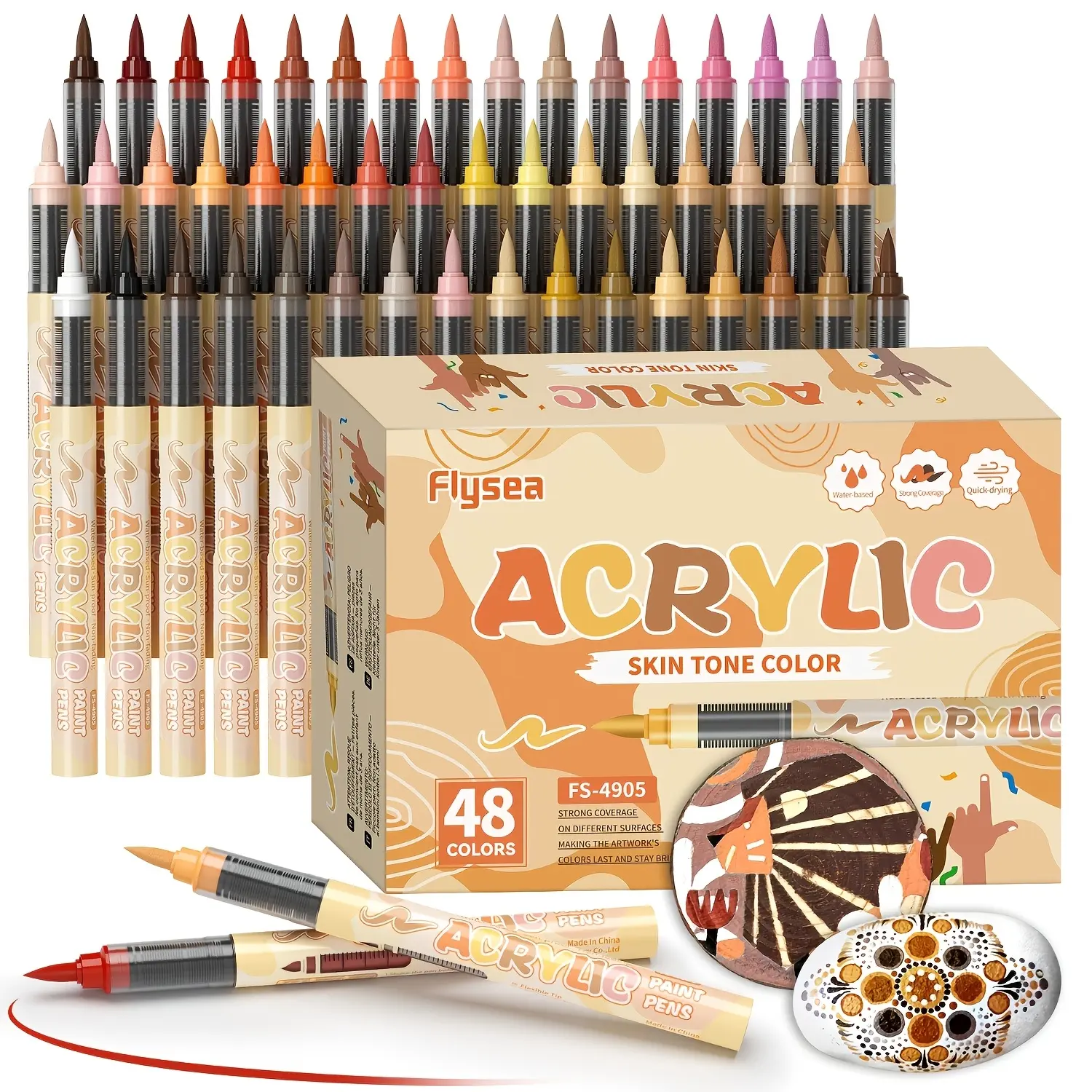 Flysea 48-Color Acrylic Paint Markers Set with Soft Tips, Complete Skin Tones Series, Fine-Tip Painting Pens for Wood, Canvas, DIY Crafts, Professional Office Stationery Art Drawing Supplies