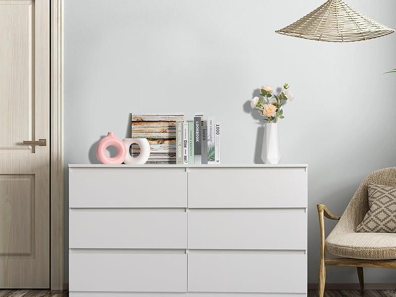 Karl home White 6 Drawer Dresser - Modern Chest of Drawers for Bedroom, Wood Dressers with Deep Drawers, Cut-Out Handles, Anti-Tipping Device, Living Room, Hallway, Entryway - 55-Inch