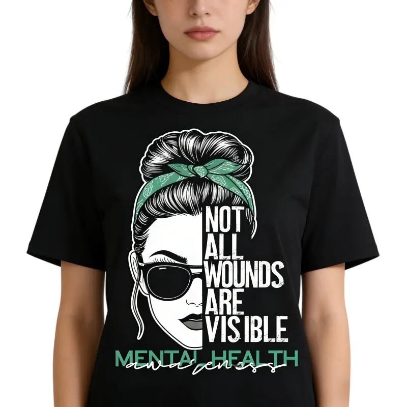 Fashion Designer TShirts with Mental Health Awareness Graphic Tee Not All Wounds Are Visible Casual Fitted Cotton Crewneck T-Shirt for Men Women All Seasons Wear Machine Washable Unisex Top