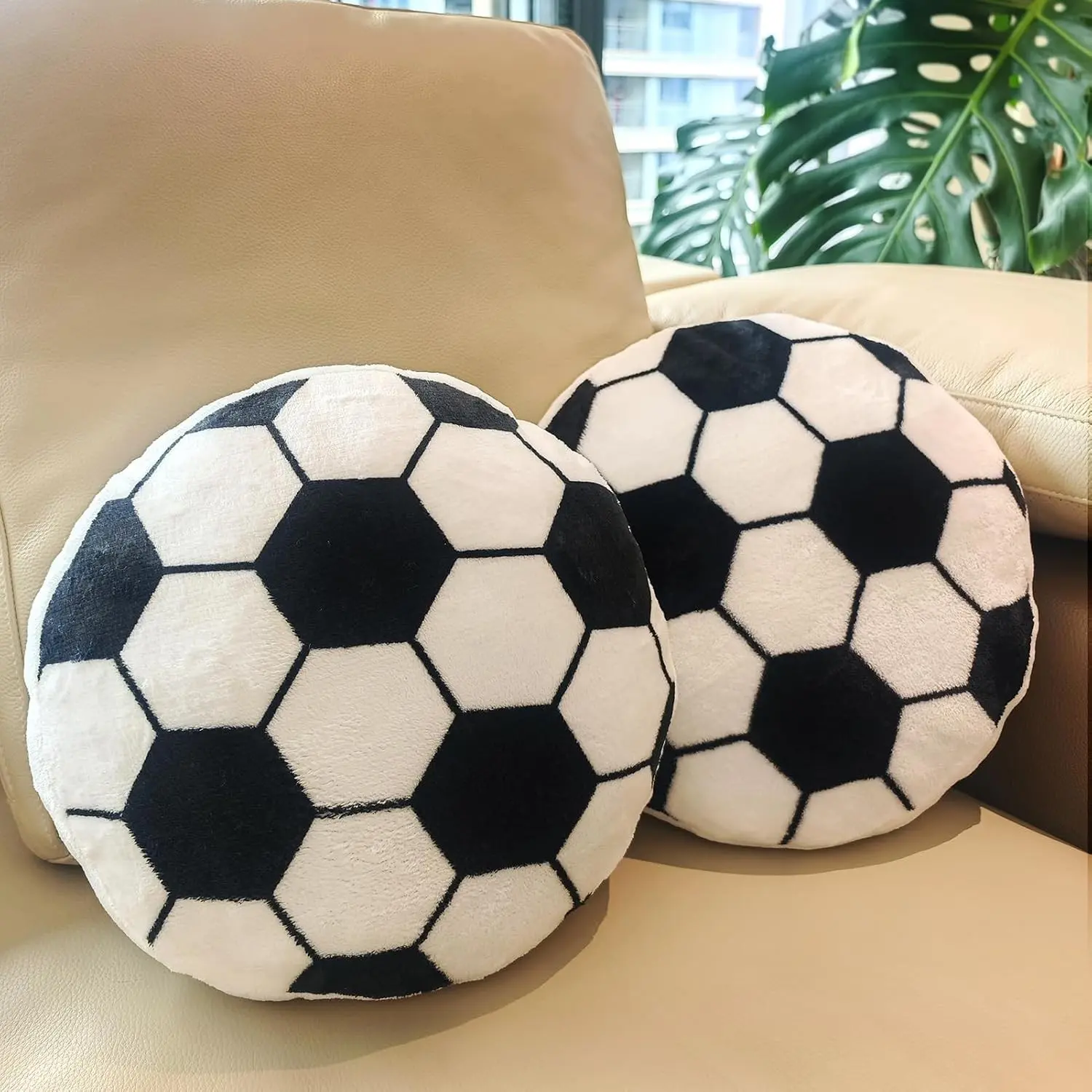 Soccer Ball Plush Pillow, Throw Cushion, Room Decor Gift, 2 Pack | Machine Washable, Flannel Fabric, PP Filling, Round Cushion, Soccer Room Decoration, Birthday Gift, for Bedroom Sofa Playroom