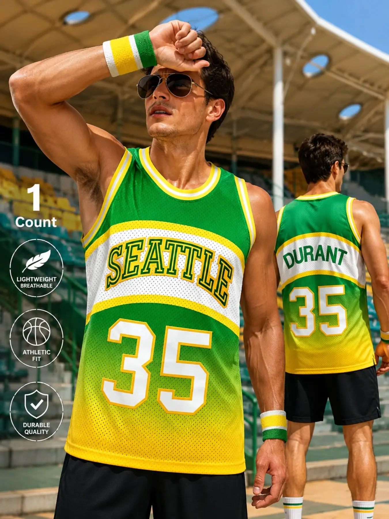 Men's Gradient Stitched SEATTLE Basketball Jersey, Breathable Mesh Retro Sleeveless Sports Wear, Ideal for Game Viewing and Daily Casual