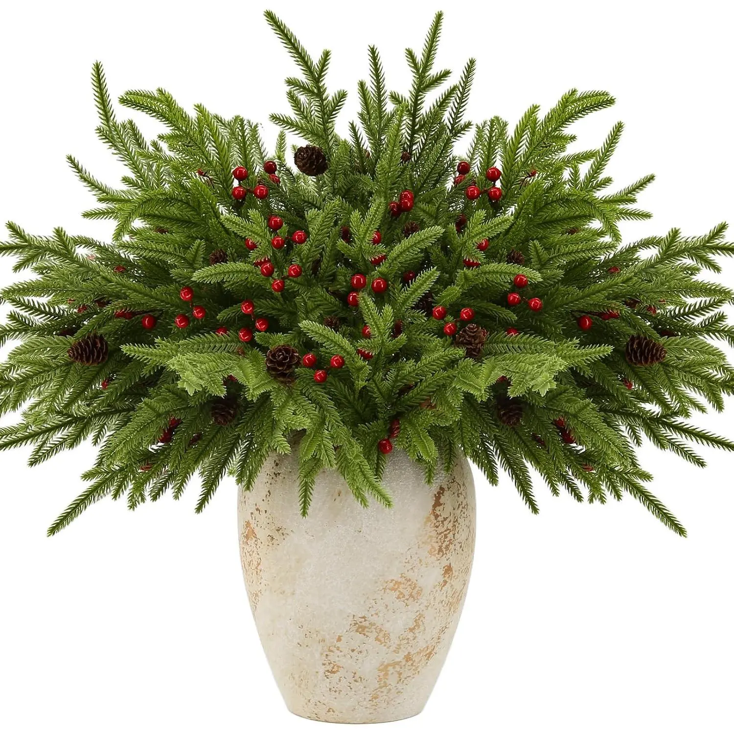 24 count 17" Norfolk Pine Stems with Cone and Red Berry | Artificial Christmas Pine Branches Faux Greenery Stem Real  Cedar stems for Vases, Christmas Trees and Outdoor Decor