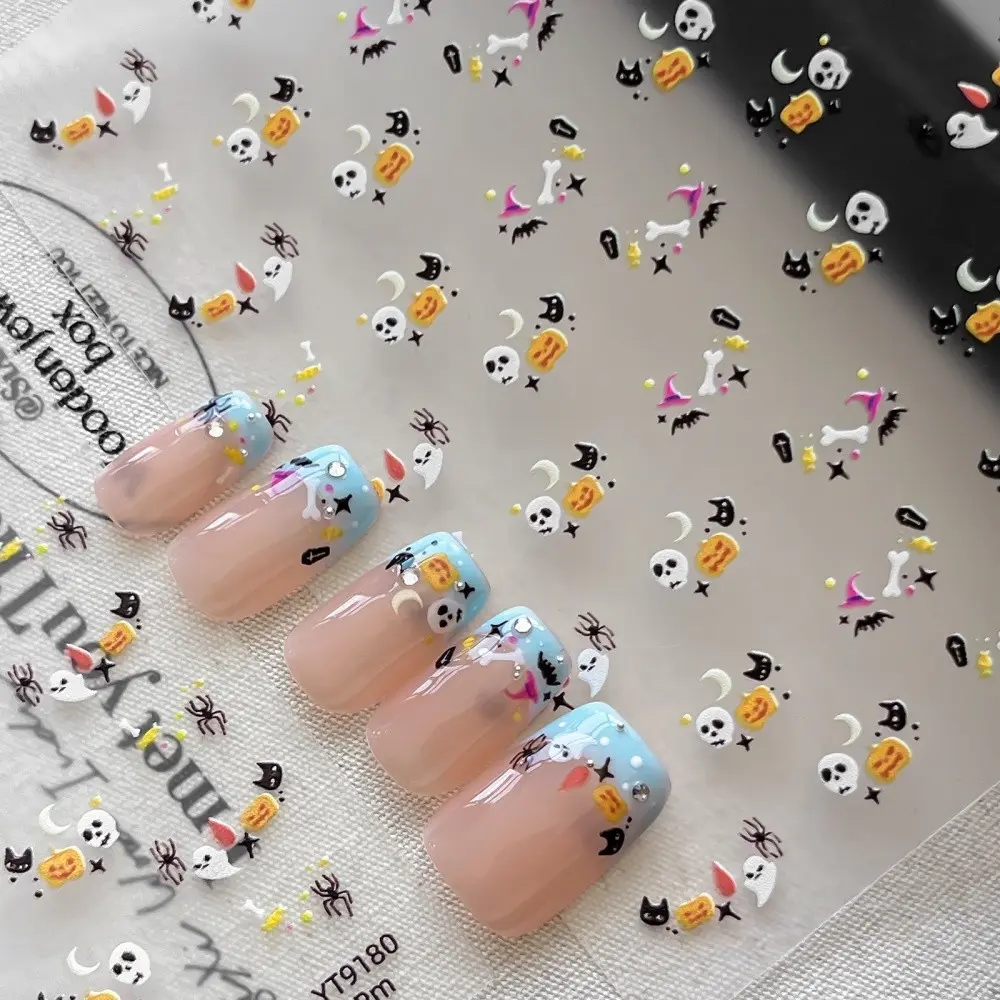 Skull, Pumpkin, Bat, and Ghost Halloween Nail Art Stickers, 1pc Cute 5D Embossed Self-adhesive DIY Nail Stickers and Decals - Nail Supplies and Nail Charms for Girls and Women- Autumn Winter Nails For Nail Art Home Salon