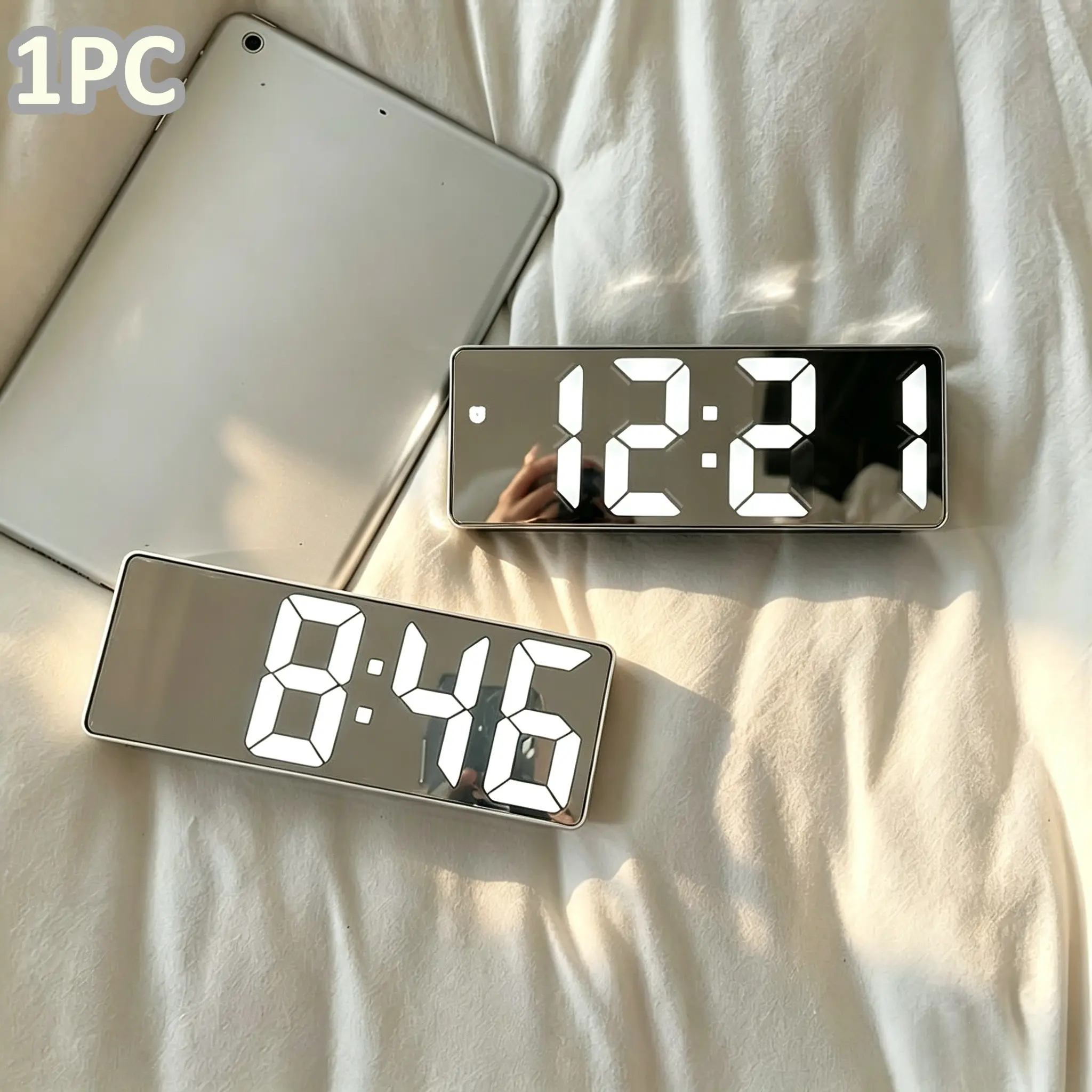 Mirror LED Digital Alarm Clock, Large Display Desk Clock with Date Temperature, Snooze, Brightness Adjustable, Auto Dimming Night Mode, Voice Control Sleep Screen Off, USB &Battery Powered Bedside Clock for Home Decor, Battery Operated Clock