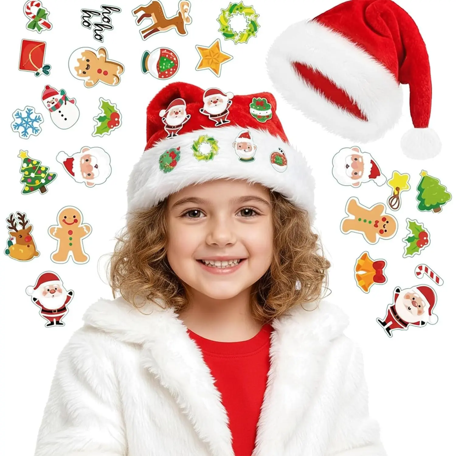 Light Up Santa Hat, Led Christmas Hat, Santa Hats Adult with 20 Diy Stickers, for Xmas  Year Party