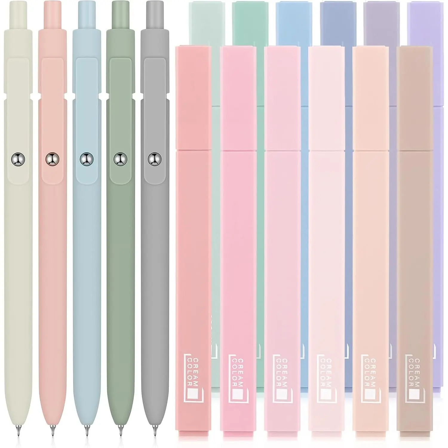17-Pack Retractable No Bleed Writing Set - 12 Soft Tip Pastel Neutral Tones Highlighters, 5 Black Ink Pens, Gift-Ready for Study, Office Supplies (Graduation & Back to School Gifts), Highlighting Cap