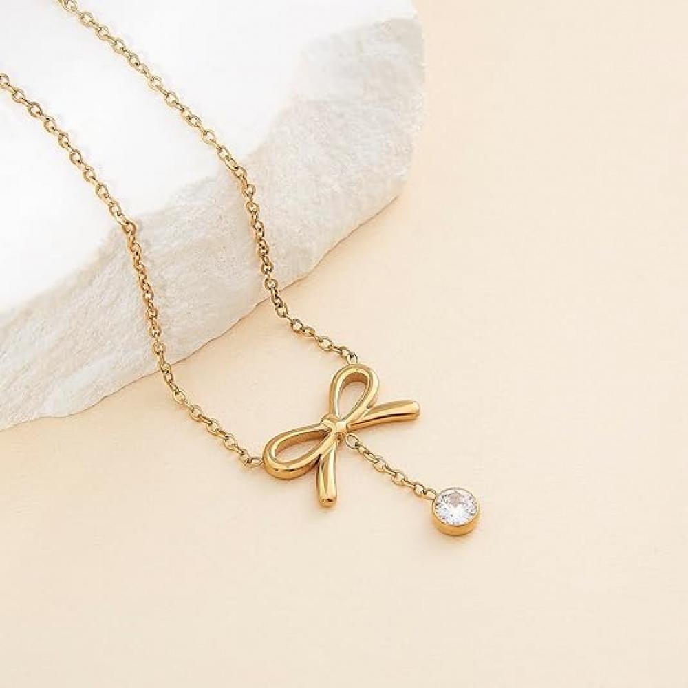 Dainty Bow Necklace for Women, 18K Gold Plated Elegant Choker Bow Pendant Necklace, Fashion Jewelry Birthday Gift for Women