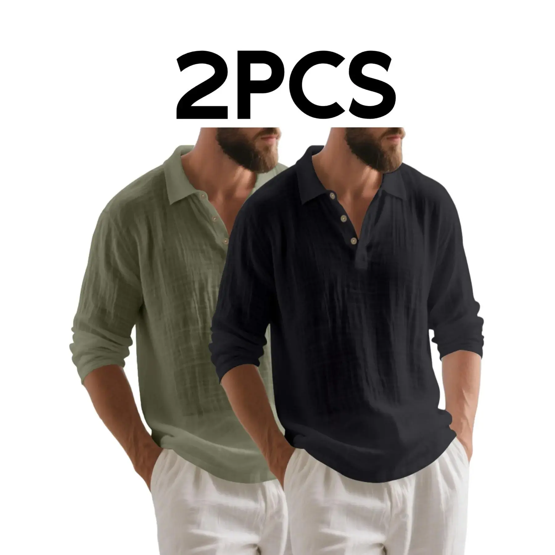 2-Pack Men's Linen Plain Polo Shirts Tops, Loose Fit Long Sleeve, Breathable Classic Business Casual, All-Season Wear, Ideal for Daily & Light Business Use, Menswear