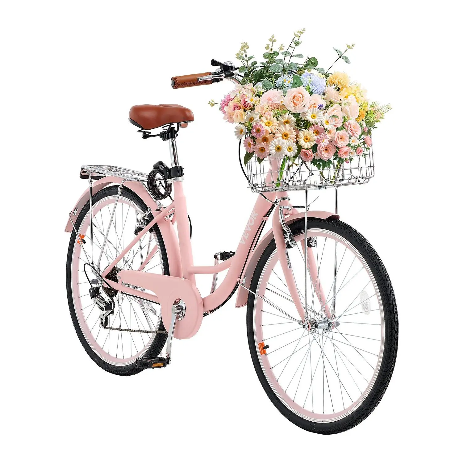 【DealsForYouDays】VEVOR Cruiser Bike, 7-Speed, 26-Inch Pink Beach Cruiser Bike with Large Capacity Basket and Rear Rack, Secure Sturdy Cruiser Bike with Adjustable Seat, Fits for Cycling, Exercise Shopping