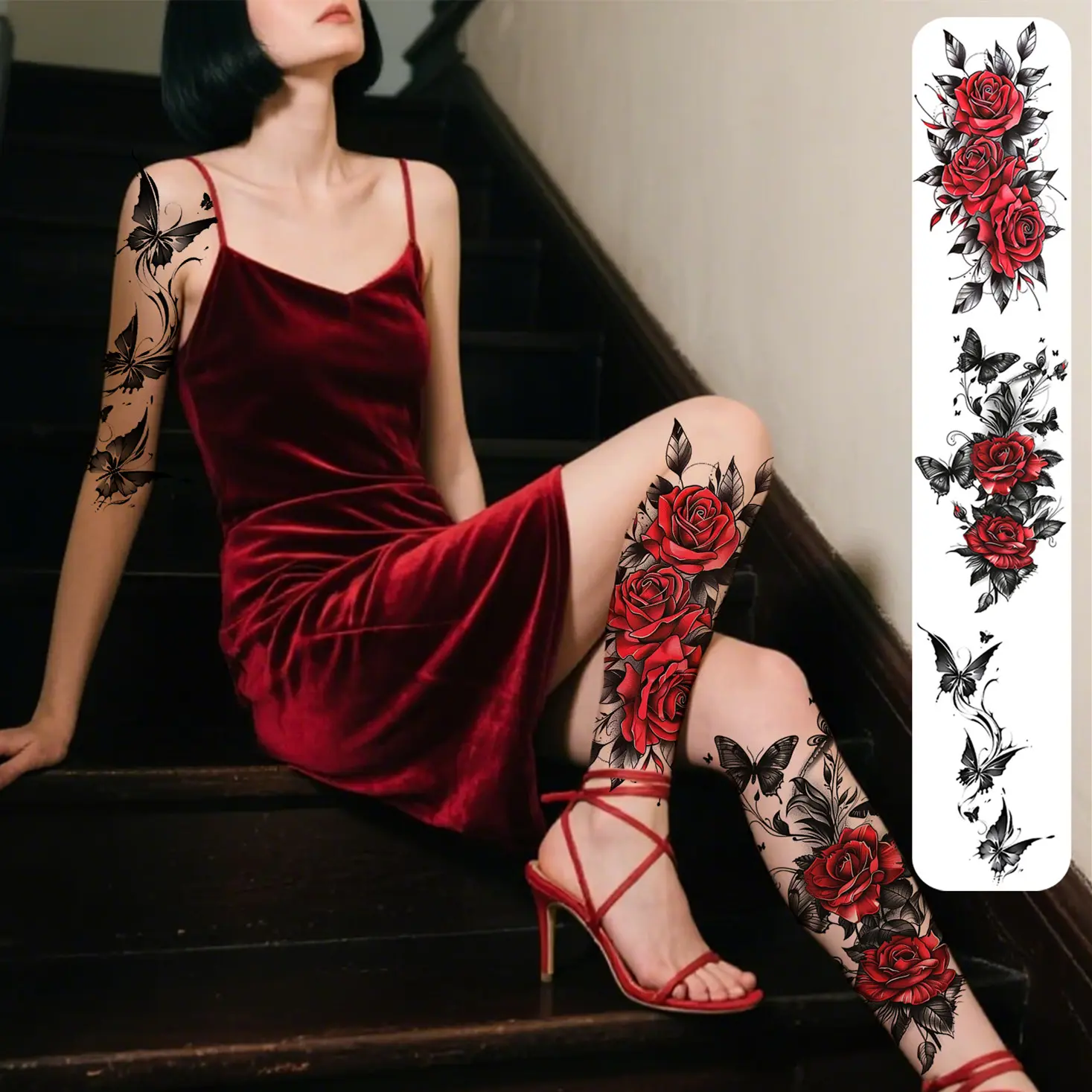 3pcs Red Black Flower Temporary Tattoo Stickers for Women, Waterproof & Long Lasting Fake Tattoo for Arm, Leg & Chest