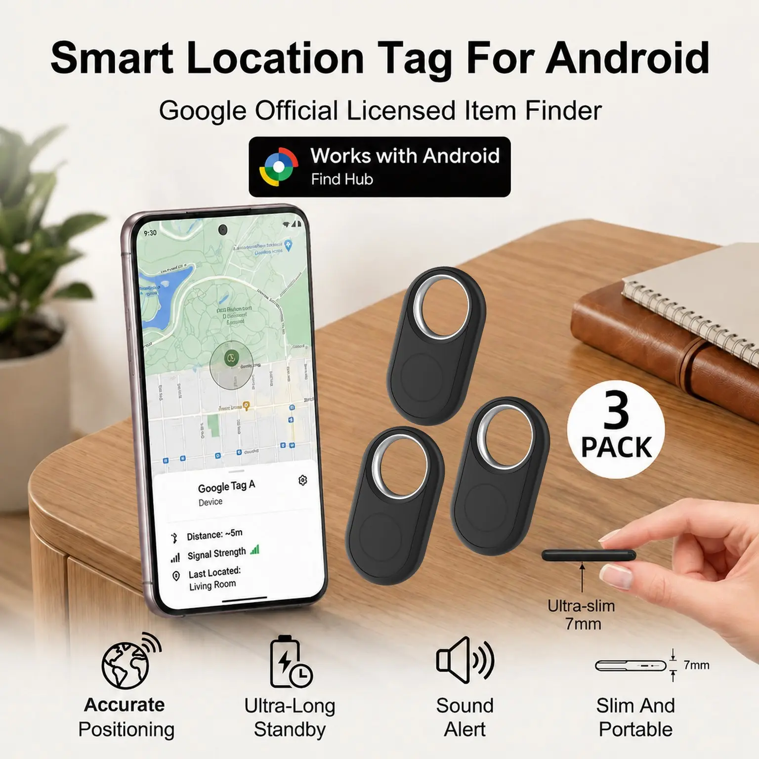 3-Piece Smart Tags, Smart Tracking Tag for Android, Wireless Mini Tracker, Compatible with Google Find HUB, Item Locator for Keys, Backpack, Wallet, Pet, Luggage