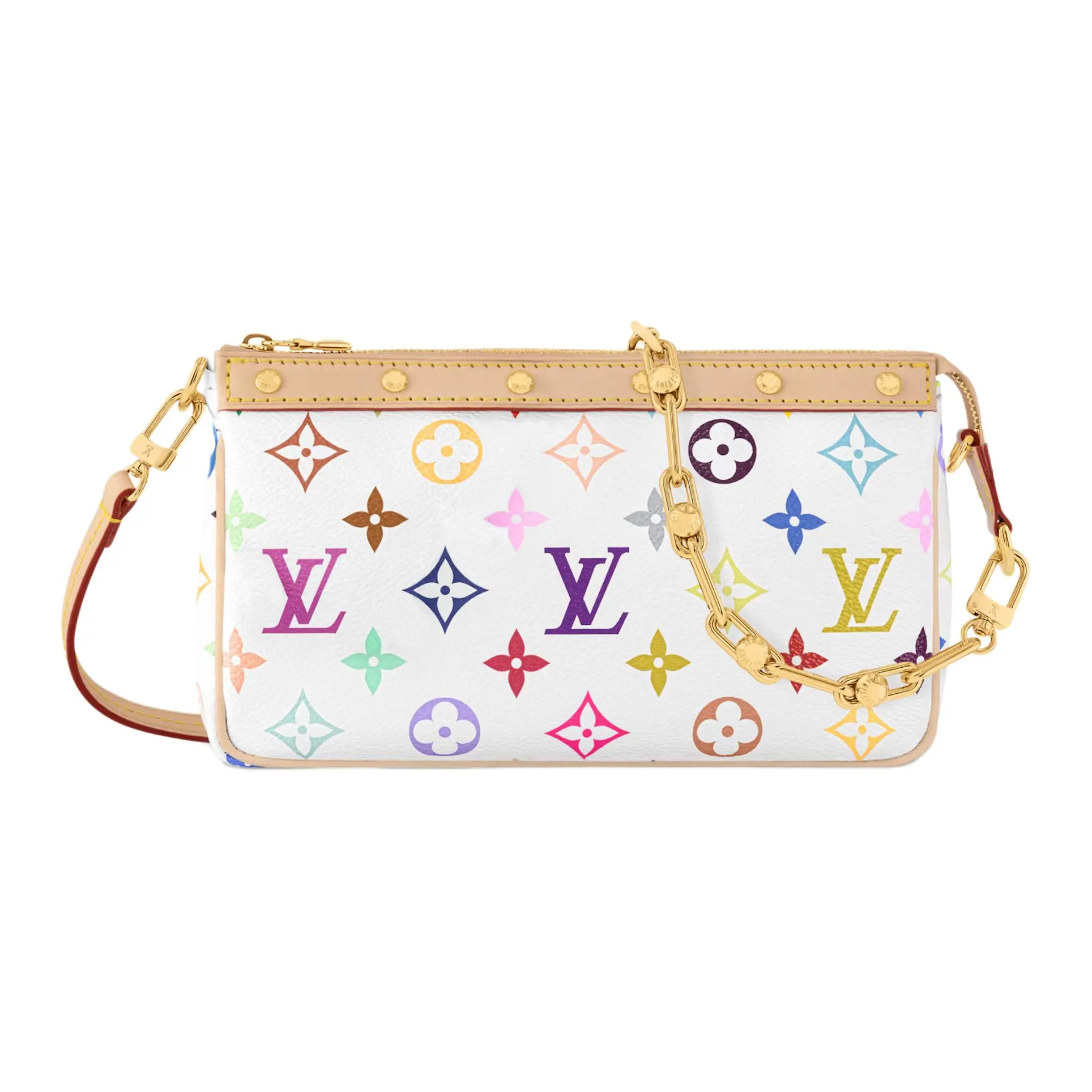 Louis Vuitton x Takashi Murakami Pochette Accessories Handbag for Women, White and Light Brown Coated Canvas with Multicolor Alphabet Logo