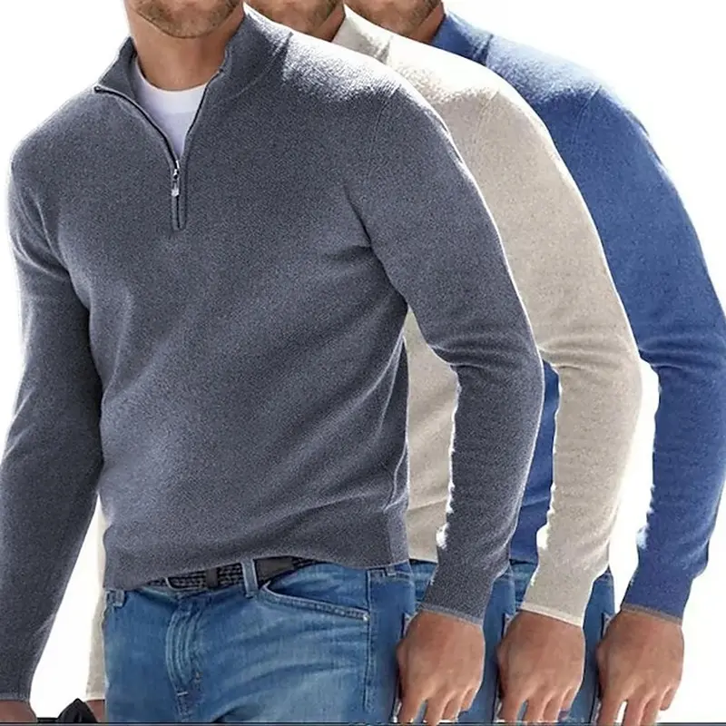 2026 New Menswear Thick Wool Blend Knitwear, Quarter-Zip Mock Neck Long-Sleeve Pullover Tops, Warm Soft Casual Business Clothes, Plus Size Available for Autumn Winter Office Daily Outfit