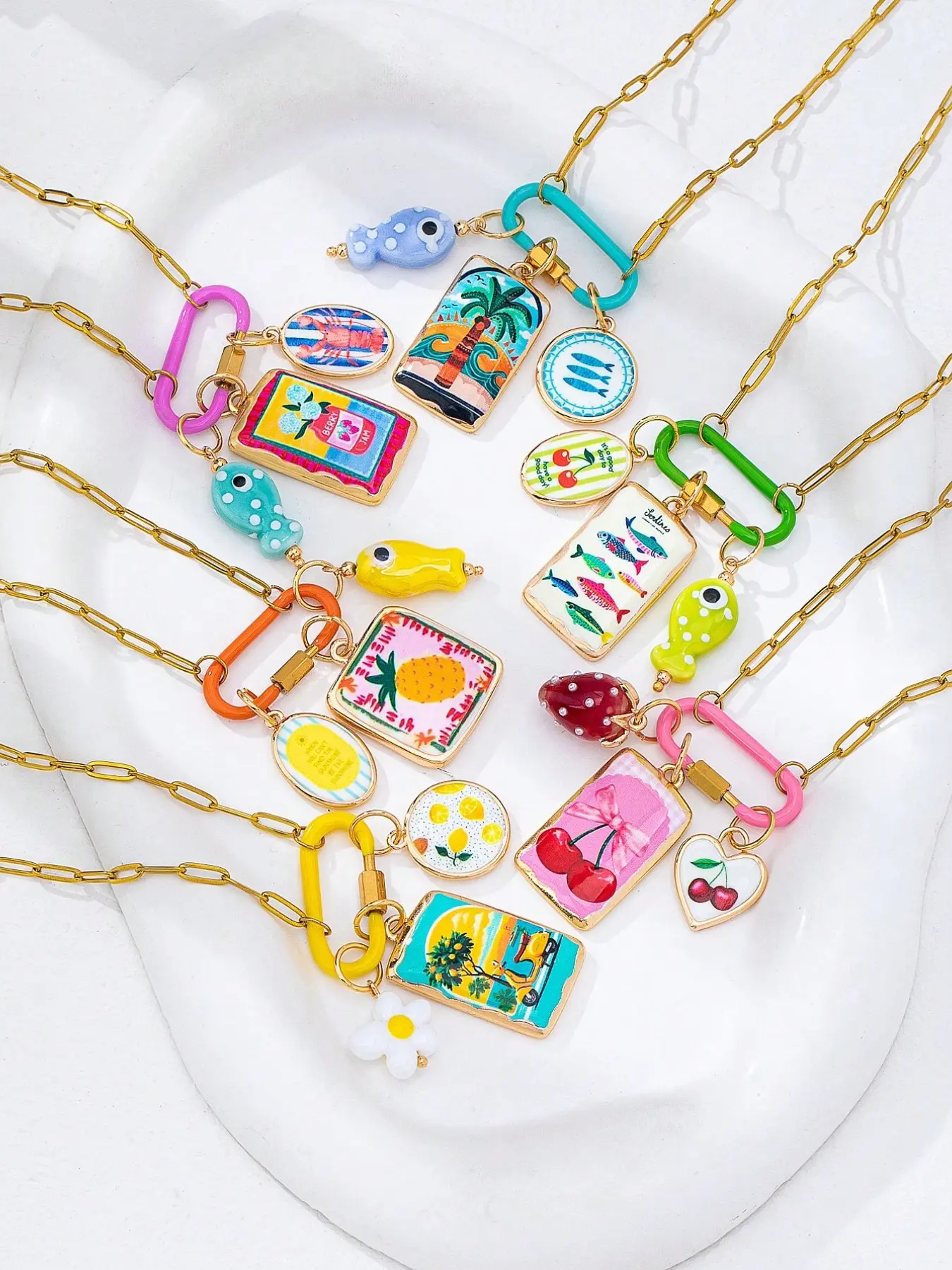6  Pc 18K Gold Plated Paperclip Chain Fashion Summer Necklace, Casual Style Necklaces with Enamel Carabiner Clasp & Colorful Enamel Charms - Tropical Fish Cherry Lemon Lobster & Bow Pendant for Women, Boho Beach Jewelry