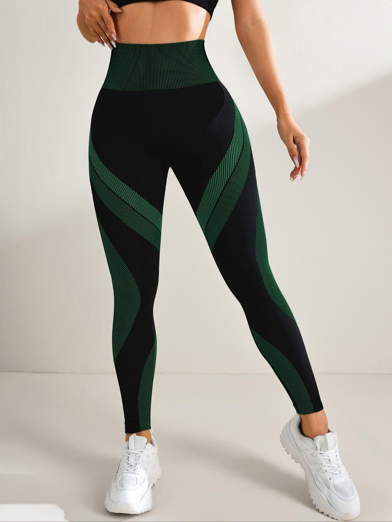 Women's Colorblock Stripe Pattern High Waist Sports Stretchy Leggings, High Stretch Casual Comfy Breathable Seamless Skinny Pants for Yoga Gym Workout Running, Ladies Sportswear for All Seasons