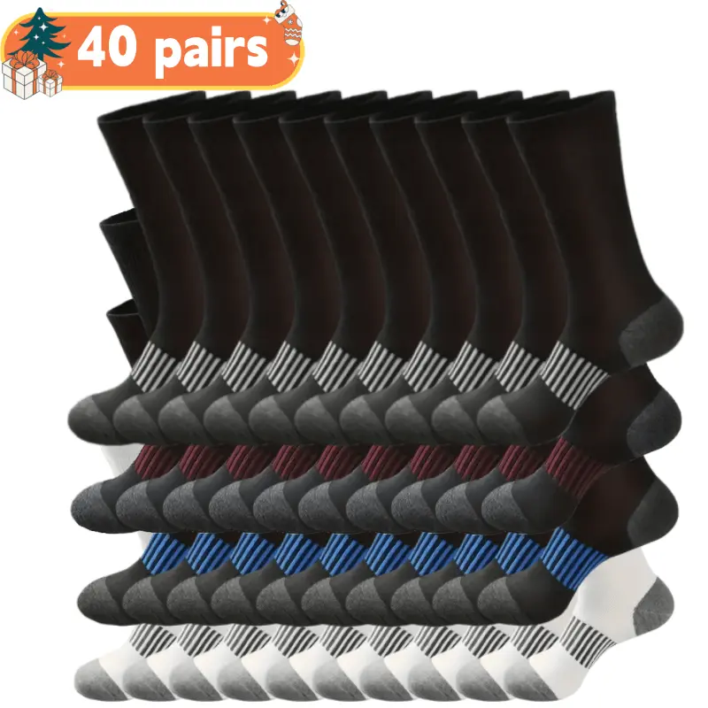 40 Pairs Men's Heavy-Duty Polyester Thermal Long Tube Socks - Thick Cushioned, Machine Wash, Black & Grey Striped, Universal Winter Wear, Durable Warm Athletic Socks for Gym, Skiing