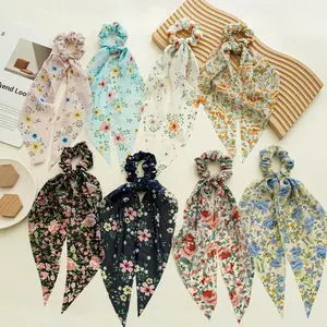 7pcs Floral Print Chiffon Scrunchie Scarf with Long Ribbon Tail Lightweight Elastic Hair Tie for Half-Up Ponytail and Casual Hairstyles