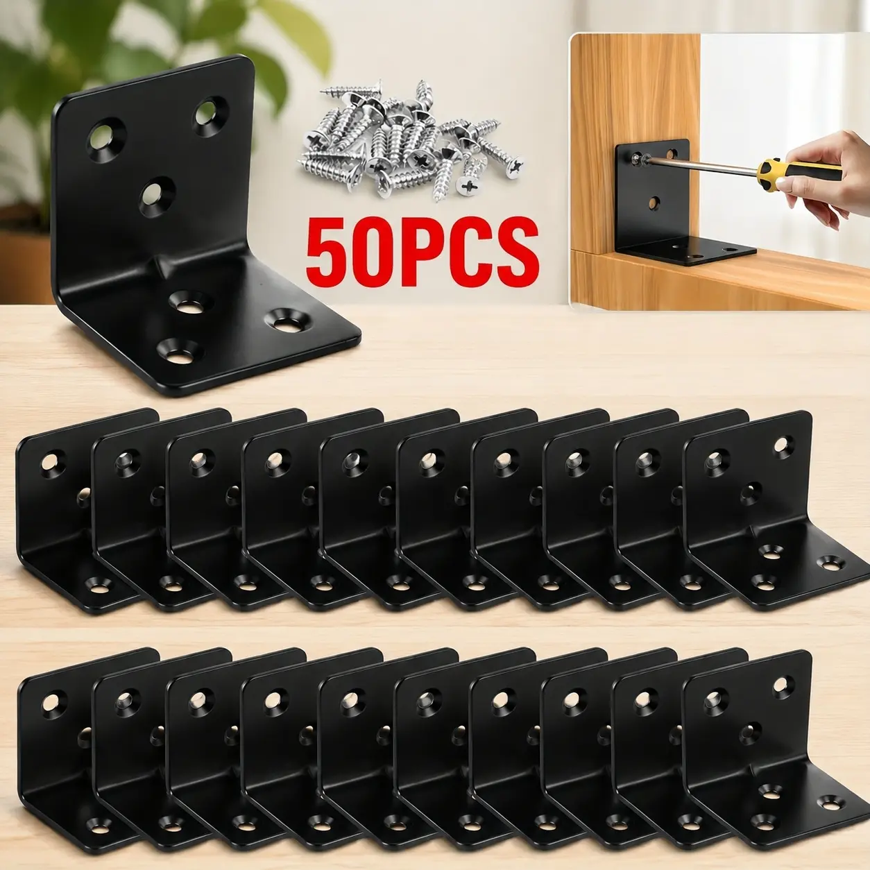 50pc heavy-duty black metal corner code set with matching screws, pre drilled round edges, 90 degree L-shaped brackets, bed frames, tables and chairs, storage racks, wooden furniture reinforcement connectors