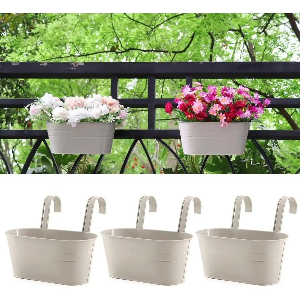 3 Pack etal Railing Planters, 10.5" Oval  Flower Pots with Detachable Hooks & Drainage Holes, Fits Rails up to 2.36", Galvanized Iron Fence Bucket for Balcony Garden Patio - Gray