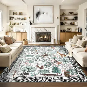 Washable Area Rug with Jungle Animals & Plants - Non-Slip Carpet for Dining Room, Nursery, Office - Mark Resistant, Soft Floor Mat, Modern Home Decor