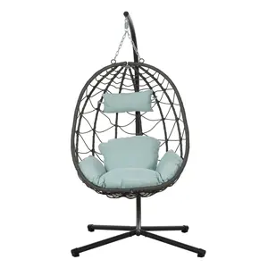 Dark Grey Wicker Hanging Egg Chair With Stand 38.6*36.2*76.8 Inch Powder Coated Metal Frame UV Resistant PE Rattan Foldable Design Removable Washable Thick Cushion Headrest For Patio Backyard Poolside Balcony Garden